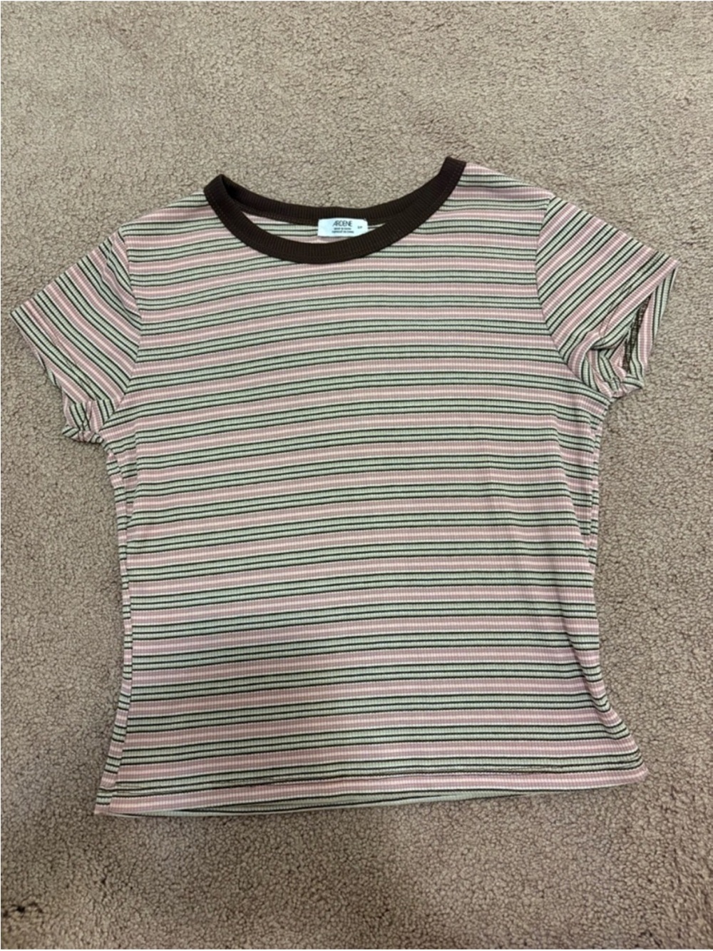 3 for $14 ardene Striped Crewneck Tee in Pink, Green & brown size small